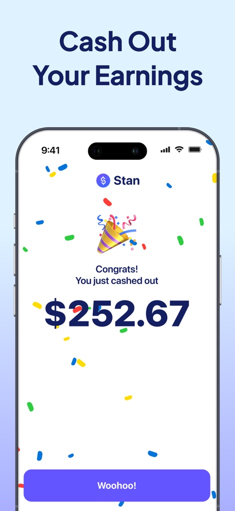 Stan: Link in Bio for Creators - Esta tela celebra o sucesso de um saque, com confetes e uma notificação 'Congrats!', exibindo claramente o valor sacado, reforçando a facilidade de acesso aos ganhos do criador.