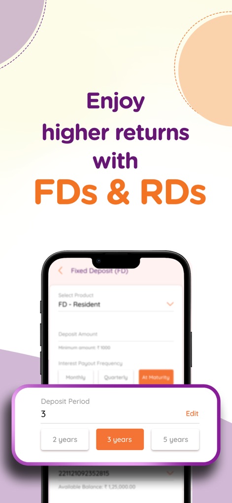 AU 0101: Banking App, UPI, FD - The app offers clear options for optimizing savings, as seen with the "Fixed Deposit (FD)" configuration and flexible "Deposit Period" selections.