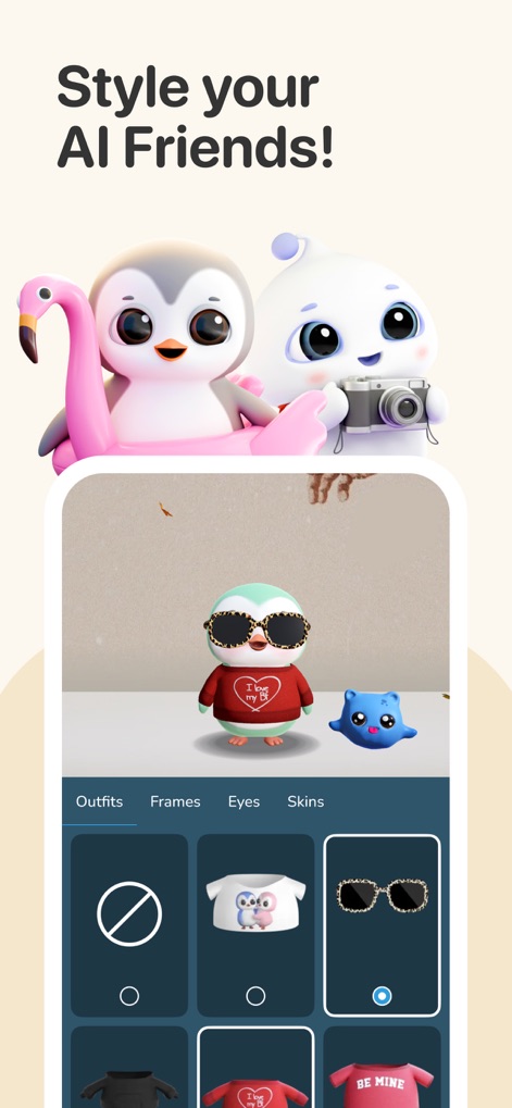 Friends – Pengu, Bao & Mellow - This screen showcases the app's robust customization options, displaying distinct tabs for "Outfits" and "Accessories" to personalize the AI companions.