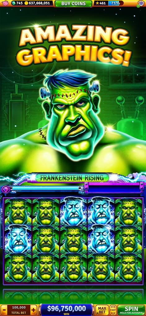 House of Fun: Casino Slots - Experience "AMAZING GRAPHICS!" with themed slots such as "Frankenstein Rising," displaying detailed monster character symbols.