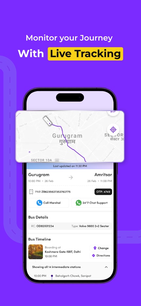 zingbus:Book Bus Ticket Online - Users benefit from advanced 'Live Tracking' features, offering real-time updates on the bus's location on a map and providing essential details like the 'Bus Timeline' with intermediate stations.