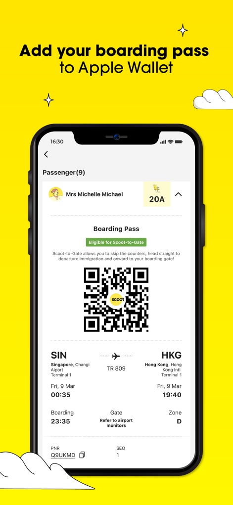 Scoot Mobile - This feature presents a scannable QR code for quick boarding and allows users to easily "Add your boarding pass to Apple Wallet" for ultimate convenience.