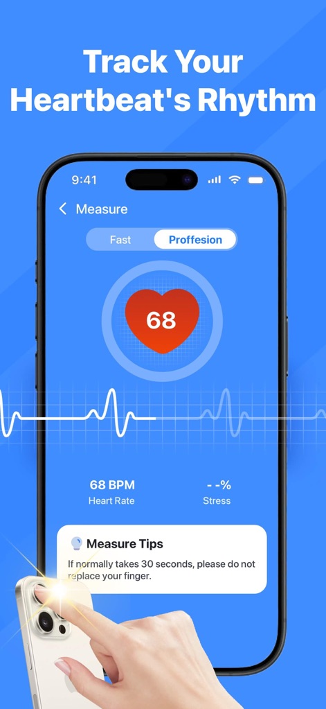 VitalBeat: Blood Sugar Tracker - Los usuarios pueden medir su ritmo cardíaco en tiempo real, con una clara visualización del BPM (X) y una guía visual para posicionar el dedo en la cámara (Y).