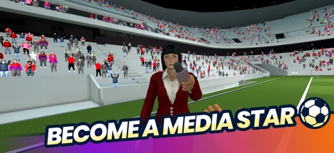 Soccer Life Simulator - Experience the glamour of media interactions, featuring a reporter with a microphone in the stadium, crucial for building a public persona as highlighted by the "BECOME A MEDIA STAR" objective.