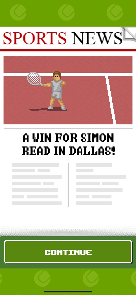 Retro Slam Tennis - Celebrate career milestones with personalized news articles featuring a pixel-art player graphic and match summaries.