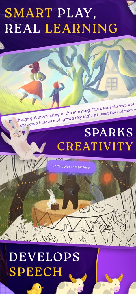Boook: Interactive Kids Books - Explore the app's multifaceted approach to development, showcasing an interactive story segment from Jack and the Beanstalk and a creative coloring activity.