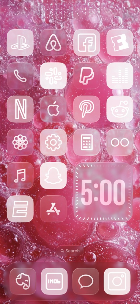 Themes App Icons & Widgets Kit - Observe a soft, diffused pink theme, showcasing uniform frosted app icons and a stylish large digital clock widget over a bubbly background.