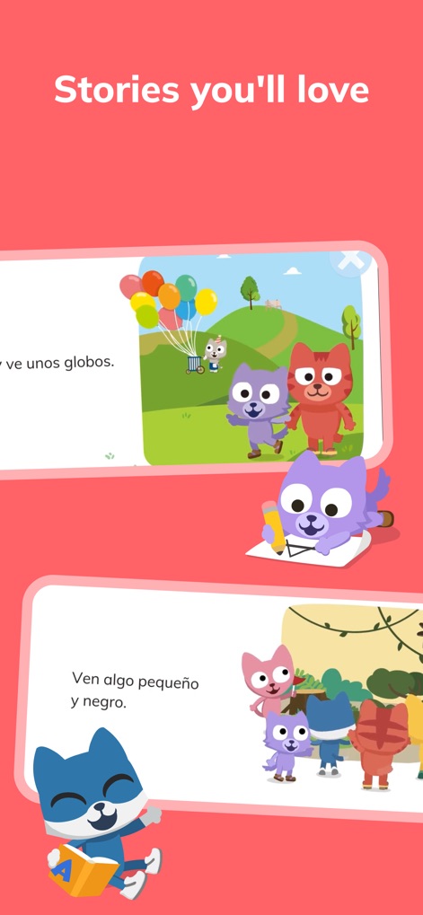 Learn Spanish – Studycat - The app provides captivating stories, featuring colorful illustrations and Spanish text snippets, enhanced by charming character visuals like the cat writing.
