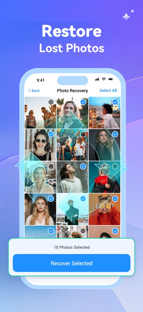 Photo Recovery: phone cleanup - The app simplifies photo restoration by allowing users to select multiple photos from a grid view and initiate recovery with a prominent 'Recover Selected' button.