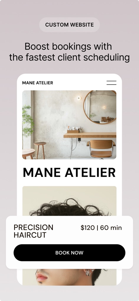 GlossGenius: Booking, Payments - Los usuarios pueden previsualizar su sitio web personalizado con imágenes atractivas del salón y un botón prominente de 'Book Now' para reservas directas.