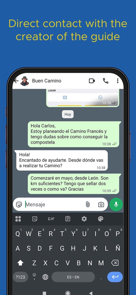 Buen Camino de Santiago App - La aplicación facilita una comunicación directa con el autor de las guías vía WhatsApp, permitiendo resolver dudas y obtener asistencia personalizada en tiempo real.