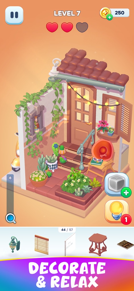 Decolore - Explore a fully decorated outdoor patio scene, showcasing intricate details like string lights and lush potted plants.