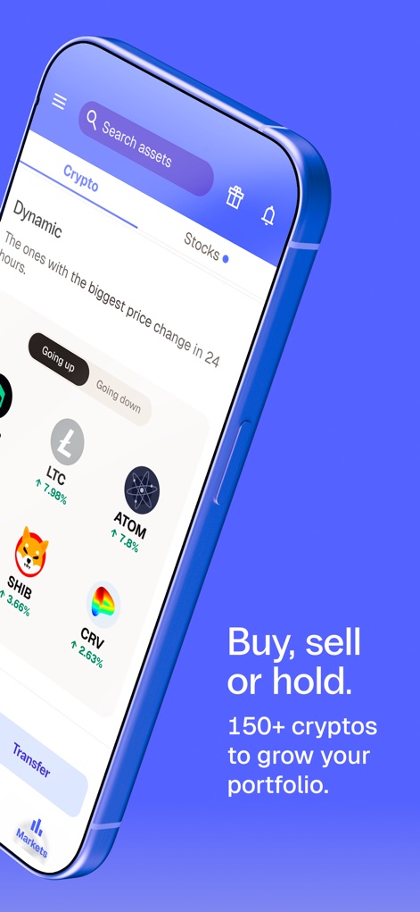 Bitso: Save and invest easily - See how the platform displays dynamic crypto listings with real-time price changes and clearly separates 'Crypto' and 'Stocks' markets for easy navigation.