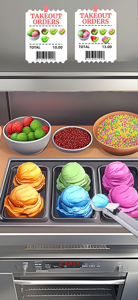 Cooking Fun®: Food Games - Users can craft custom frozen treats at the colorful ice cream bar, featuring multiple scoop flavors and a wide selection of vibrant toppings.