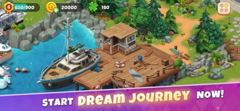 Solitaire Home Design-Fun Game - L'application invite à la création avec l'aménagement extérieur détaillé de l'île, où l'on aperçoit un ponton robuste et un voilier élégant, invitant à l'aventure.