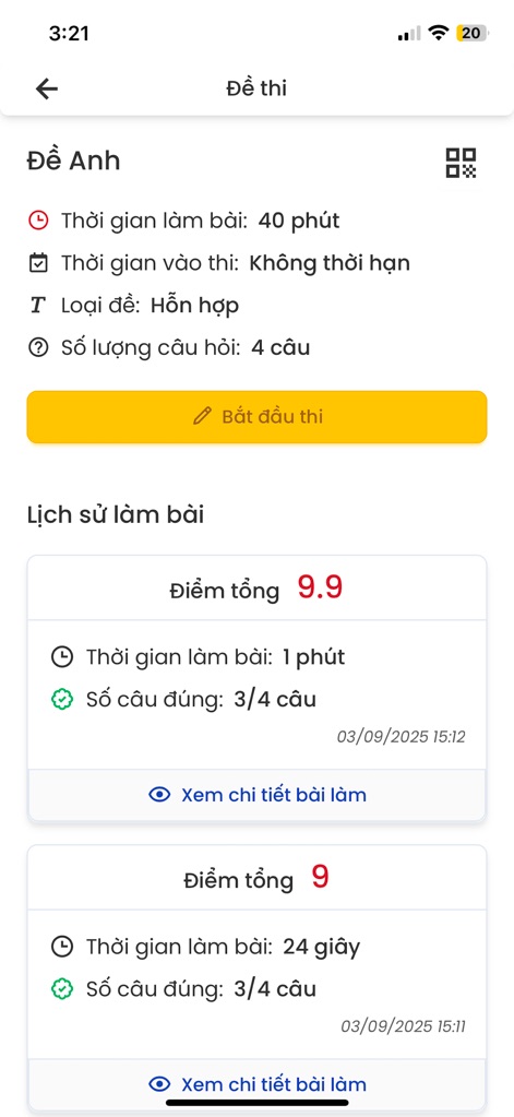 Azota Student - Students can review detailed exam parameters like duration and question count, alongside a history of past attempts with total scores.