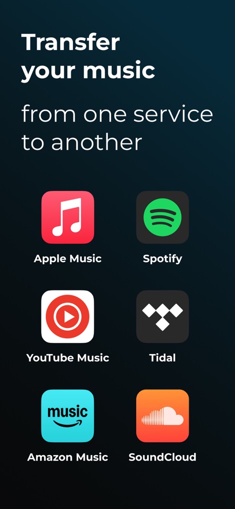 Transfer Music - La aplicación destaca su propósito principal con un titular claro, permitiendo a los usuarios identificar rápidamente servicios como Spotify y Apple Music para una gestión musical integral.