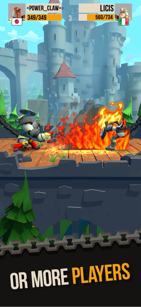 Duels - PVP game of Knighthood - The app captures intense player duels with dramatic elemental effects, like the fiery blast impacting one knight, set against a classic castle setting.