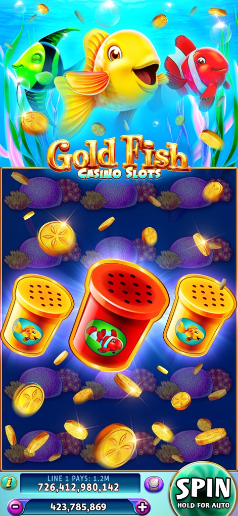 Gold Fish Casino Slots Games - Les visuels colorés de l'application montrent des poissons animés au-dessus des rouleaux et les symboles distinctifs des salières "Gold Fish" qui promettent des surprises.