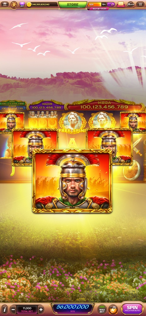 Caesars Slots - Casino Games - Engage in historical slot themes featuring valiant Roman legionary symbols and the enticing 'FREE SPINS' bonus, all set within a serene landscape.