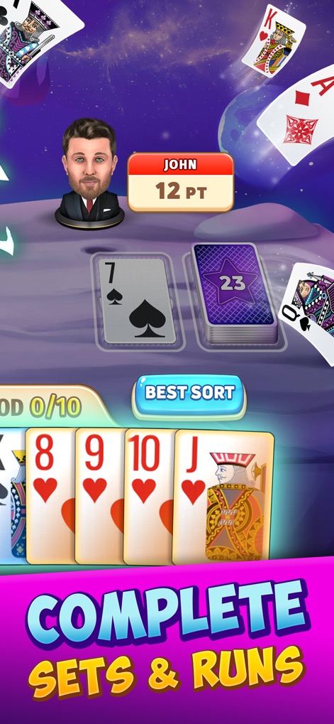 Gin Rummy Stars - Card Game - Cet outil aide à organiser les cartes des joueurs avec la fonction "Best Sort" et à visualiser clairement les cartes piochées et défaussées par l'adversaire.