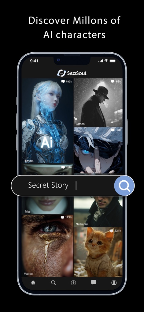 Sea Soul - The app allows users to seamlessly browse a vast grid of dynamic character cards and utilize the intuitive 'Secret Story' search bar to discover unique narratives.