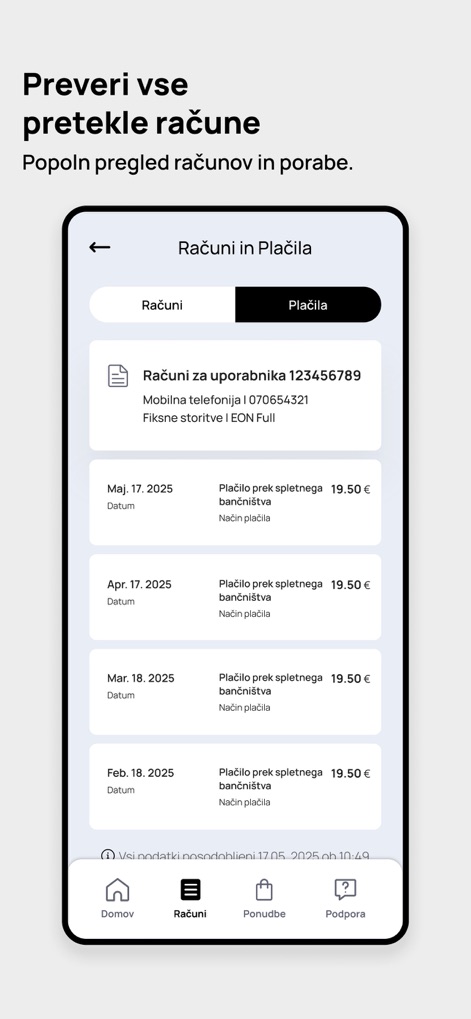 Telemach Slovenija - The app offers a complete financial overview, with a clear chronological listing of past "Računi" (Bills) and a detailed display of "Plačilo prek spletnega bančništva" (Payment via online banking) for each transaction.