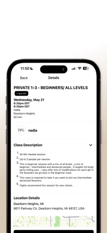 THE PILATES GARAGE. iPhone screenshot