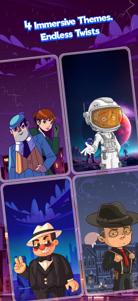 Uncover Lies: Imposter Game - The app features "4 Immersive Themes," visually represented by distinct art styles such as "Secret Agents" and "Mafia Whisper," enriching the gameplay experience.