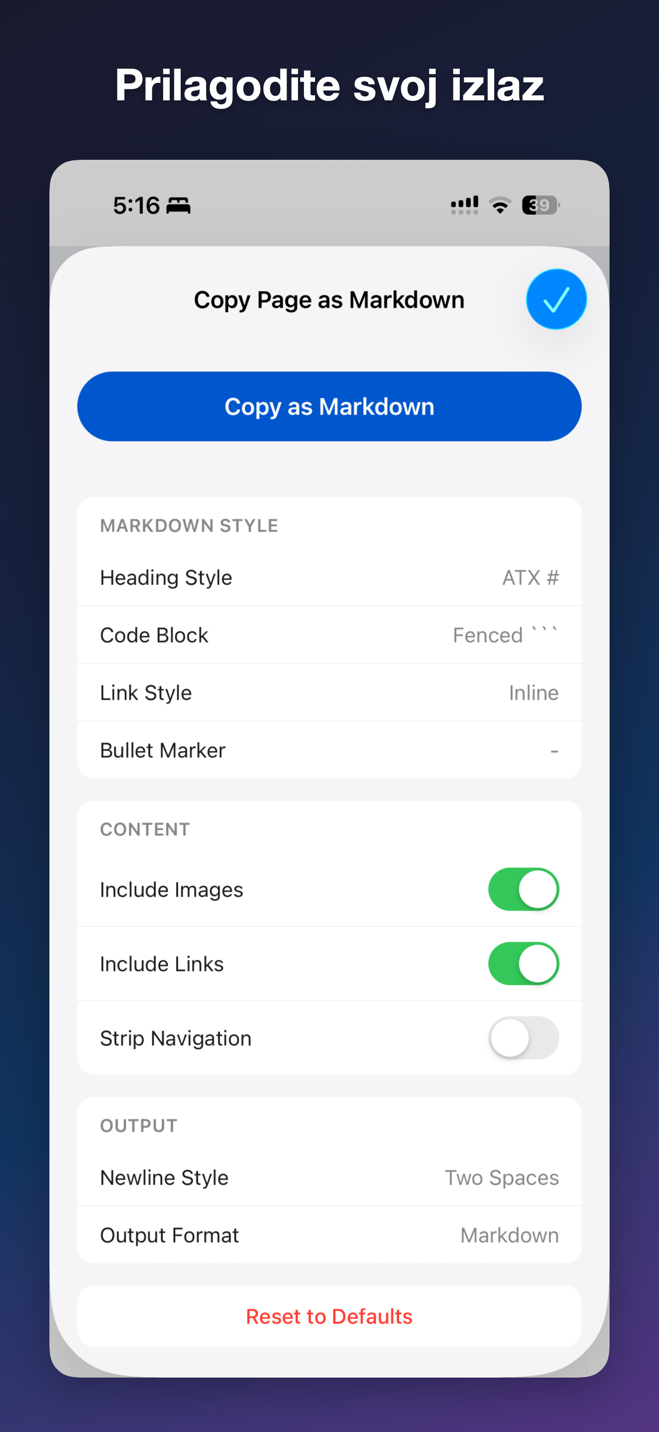 MDC - Markdown Copier iOS screenshot 2 showing app interface