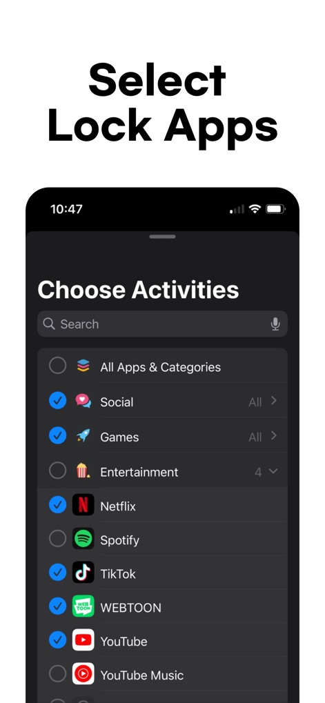 DetoxLock: Extreme App Blocker - Explore the intuitive 'Choose Activities' screen, allowing users to easily select and block specific apps or entire categories like 'Social' and 'Games.'