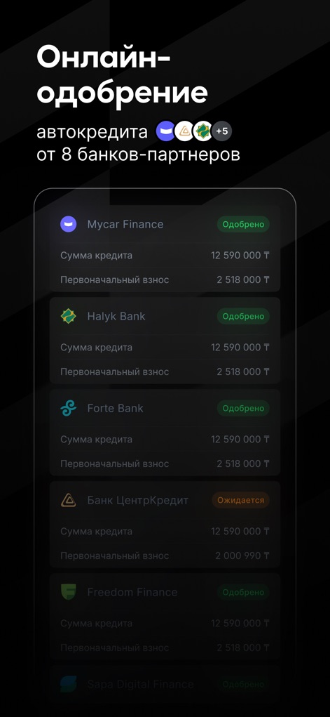 Mycar.kz: Купить, продать авто - Cet écran affiche le statut d'approbation des demandes de prêt auprès de multiples banques partenaires, avec des détails clairs sur le montant du crédit et l'apport initial.