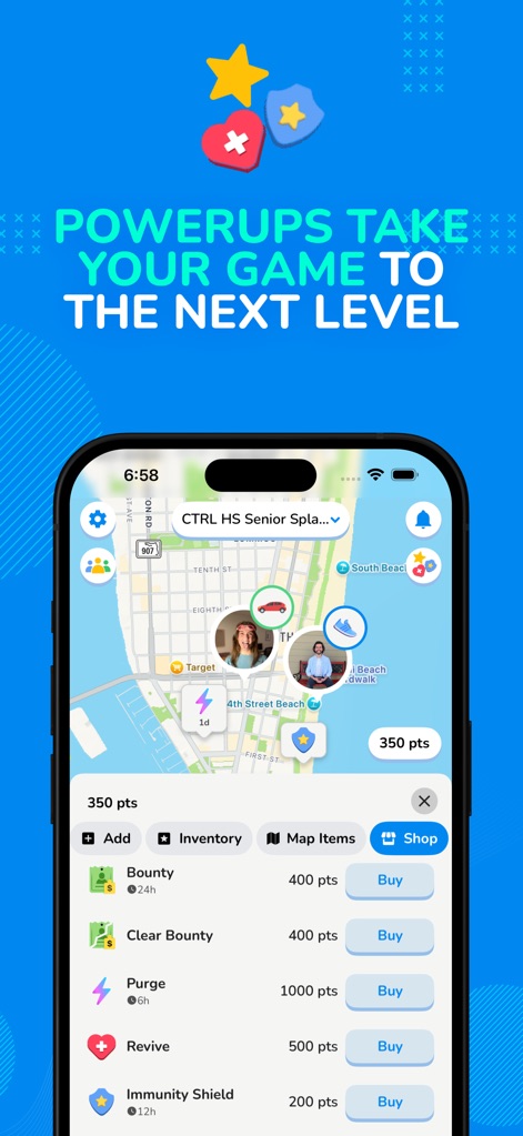 Splashin - The app features an integrated shop for acquiring powerful in-game items like 'Bounty' and 'Revive', accessible directly from the live game map.