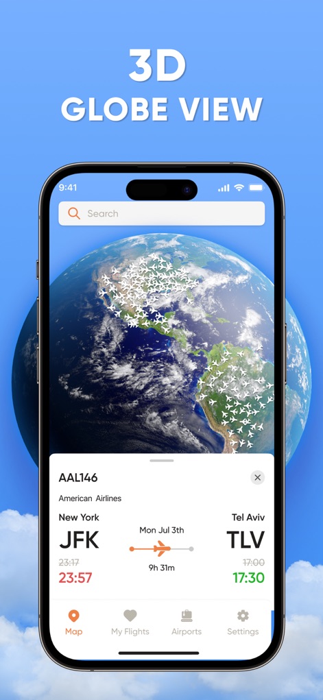 Flight Tracker: Plane Radar 24 - La herramienta ofrece una impresionante vista global en 3D que permite a los usuarios visualizar el tráfico aéreo mundial y consultar una tarjeta emergente con el estado de un vuelo específico (AAL146).