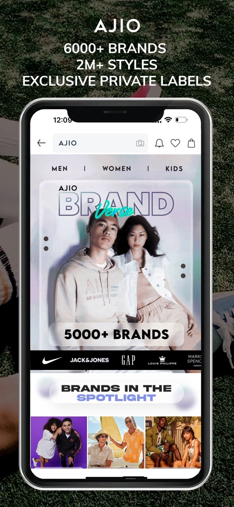 AJIO Online Shopping App - Explore the expansive 'AJIO BRANDVerse' feature, showcasing a diverse collection of labels, and discover a curated selection of top brand logos prominently displayed.