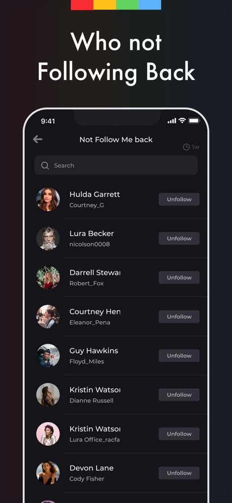 Reports Unfollowers Followers+ - Dieses Tool listet übersichtlich Nutzer auf, die nicht zurückfolgen, und ermöglicht es, diese direkt mit einem 'Unfollow'-Button zu verwalten.