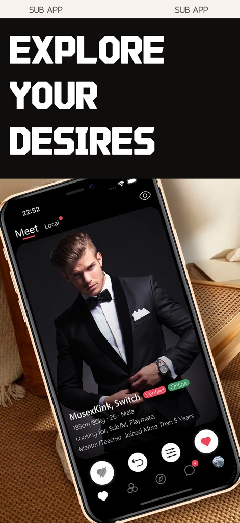 Sub - 少数派的亚文化社圈 - La interfaz permite a los usuarios explorar perfiles detallados como el de "MussexKink", que muestra edad, estatura y preferencias de relación, fomentando la transparencia. El lema "EXPLORE YOUR DESIRES" anima activamente a los usuarios a definir y buscar sus intereses específicos dentro de la comunidad.