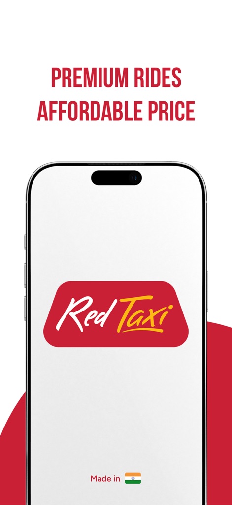 Red Taxi - Cab Booking App - The app introduces its brand with the prominent Red Taxi logo and highlights its origin with the 'Made in India' badge.