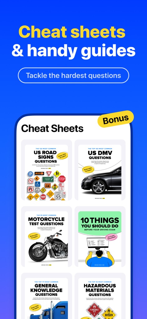 DMV Genie: Permit Test 2026 - Hier sind die nützlichen „Cheat Sheets“ und die vielfältigen „Handbücher“ zu sehen, die spezifische Themen wie Verkehrszeichen und Motorradfragen abdecken.