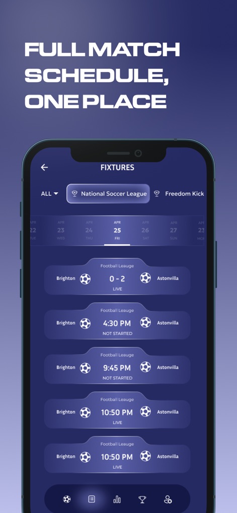 Score808 - Sport App & IPTV - L'app offre un calendario dettagliato delle partite future, consentendo agli utenti di navigare tra le date con la visualizzazione giornaliera e di vedere l'elenco degli incontri programmati per ogni giorno.