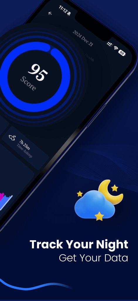 Sleep Monitor: Sleep Tracker - Nutzer erhalten eine klare Schlafqualitätsbewertung durch den numerischen Score von 95 und sehen die insgesamt verbrachte Schlafzeit, dargestellt durch ein ansprechendes Nachtmotiv.