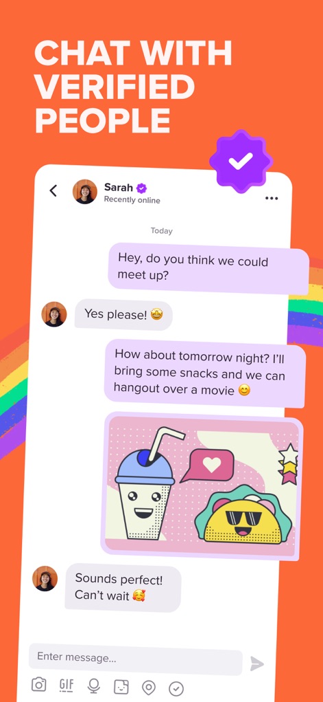 Zoe: Lesbian Dating & Chat - The app enables 'CHAT WITH VERIFIED PEOPLE,' highlighted by a prominent verified badge next to the user's name, and offers engaging communication with fun visual elements like stickers within conversations.