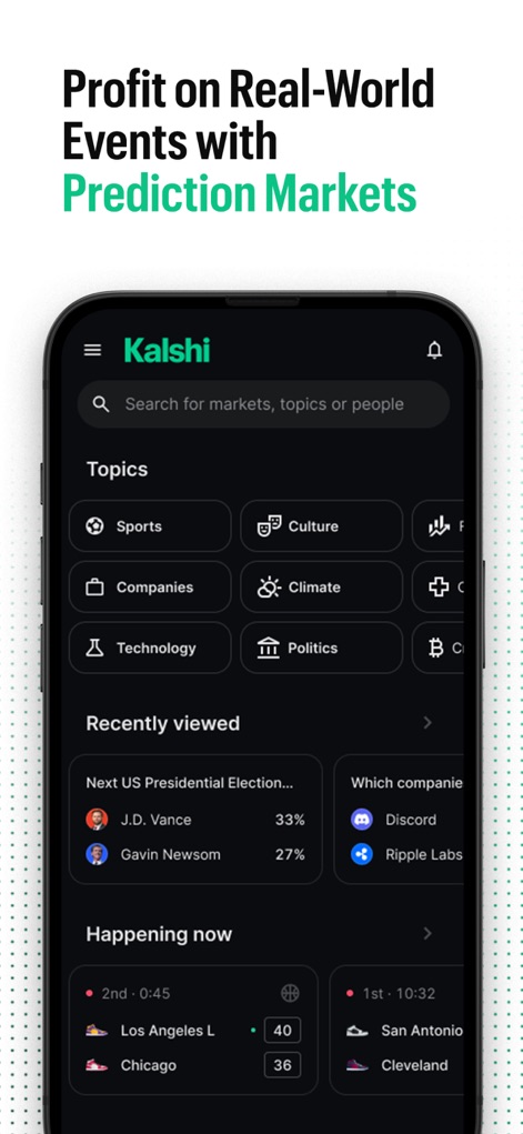 Kalshi: Trade News & Sports - Esta herramienta facilita la exploración de mercados mediante la sección "Topics" que incluye "Sports" y "Politics", además de mostrar eventos en tiempo real en la sección "Happening now".
