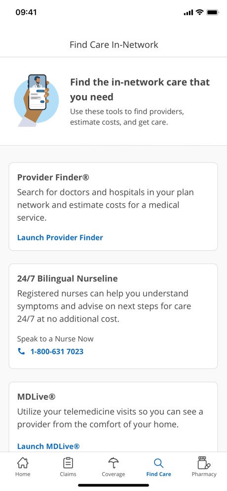BCBSTX App Store screenshot 3, headline “Find the in-network care that you need”. The app itself is the background.