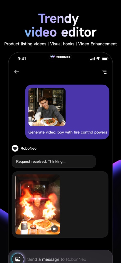 RoboNeo - Esta herramienta facilita la creación de videos virales, transformando una imagen inicial en un clip dinámico con 'efectos visuales de fuego' y poderes imaginativos.