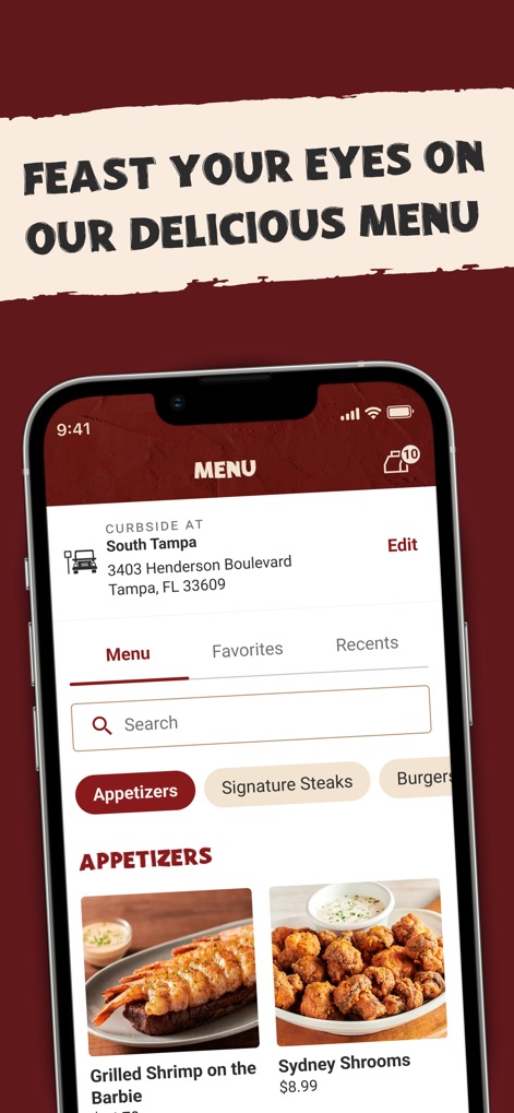 Outback Steakhouse - Users can explore the comprehensive "MENU" with visually rich food photography, while also specifying "Curbside at" their preferred location for convenient pickup.
