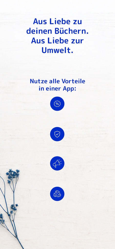 medimops: Bücher & mehr kaufen - Iconos representativos como el de descuento porcentual y el de sostenibilidad resaltan los múltiples beneficios y ventajas de la aplicación.