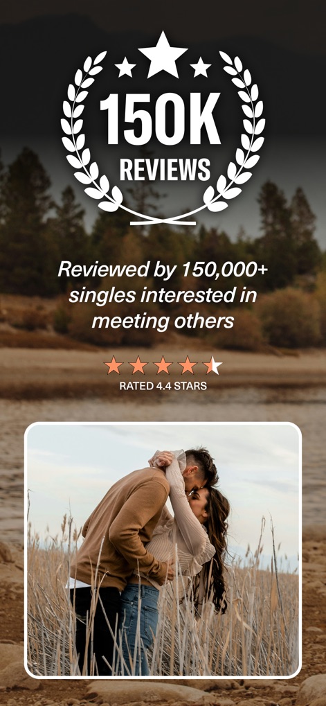Upward: Dating for Christians - Users can explore the app's reliability through its impressive "150K REVIEWS" emblem and the clear "Rated 4.4 Stars" display, reflecting strong user satisfaction.
