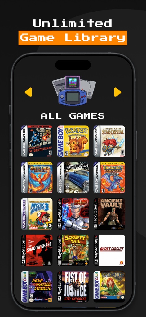 Game Emulator: GamePod Emu - Users can effortlessly manage their game collection, which features a grid of detailed pixel-art covers for each title and intuitive navigation arrows for browsing.