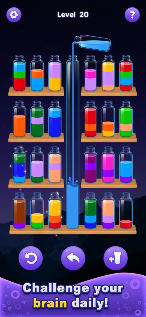 Water Sort Master! - Experience the smooth water pouring animation as liquids transfer between bottles, set against the backdrop of multiple shelves organizing the colorful challenges.